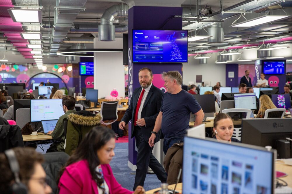 Ian Murray MP and Greg Jackson walk through the Octopus Energy officers